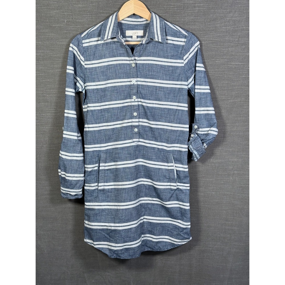 Loft Ann Taylor Blue Chambray Striped Shirt Dress Roll Tab Sleeve Size 0
